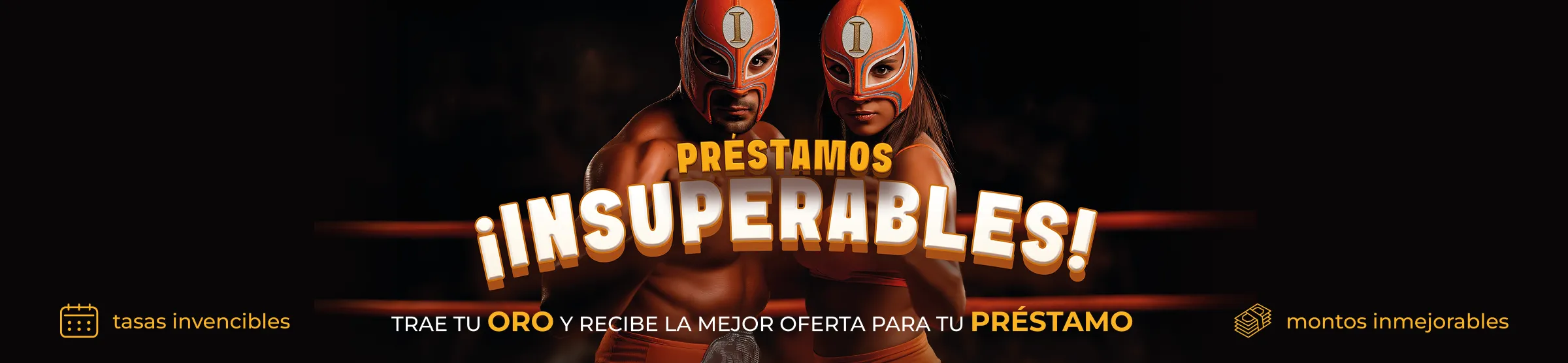 Dos personas con máscaras de luchador posan con confianza en un ring de lucha libre, destacando una oferta de préstamo.